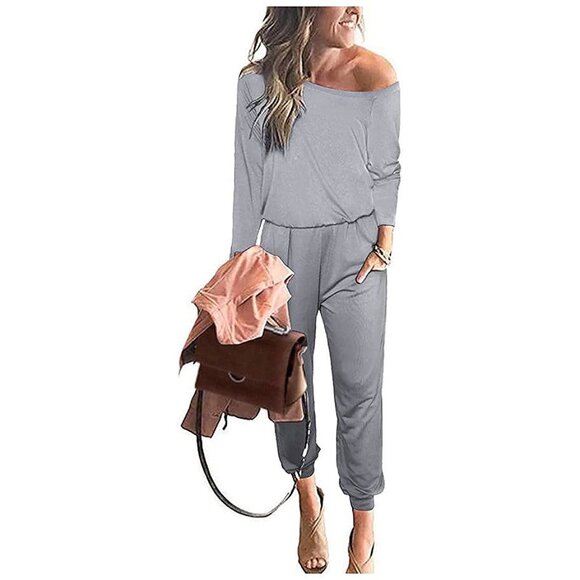 Women's Casual Long Sleeve Jumpsuit Crewneck One Off Shoulder Grey
